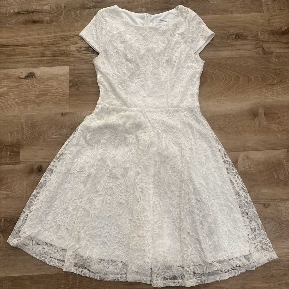 MUADRESS Women's Short Sleeve Lace Midi Dress‎ Scoop Neck A Line Swing Size L